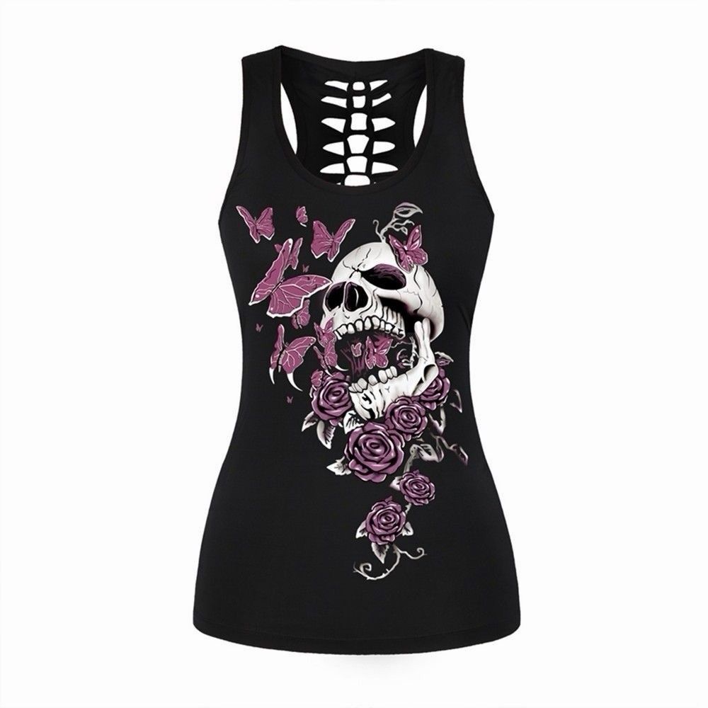 CYN by Cynthia Mehra Skull Butterfly Tank Top S/M Black Pink Goth Cutout Back Y2